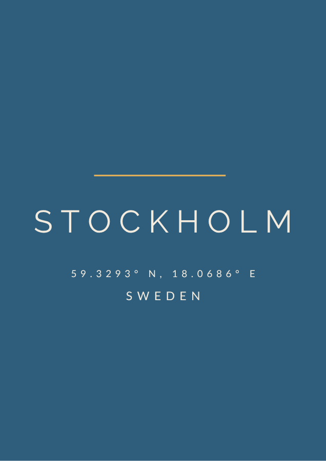 Stockholm city coordinates poster in cream and gold on Baltic blue
