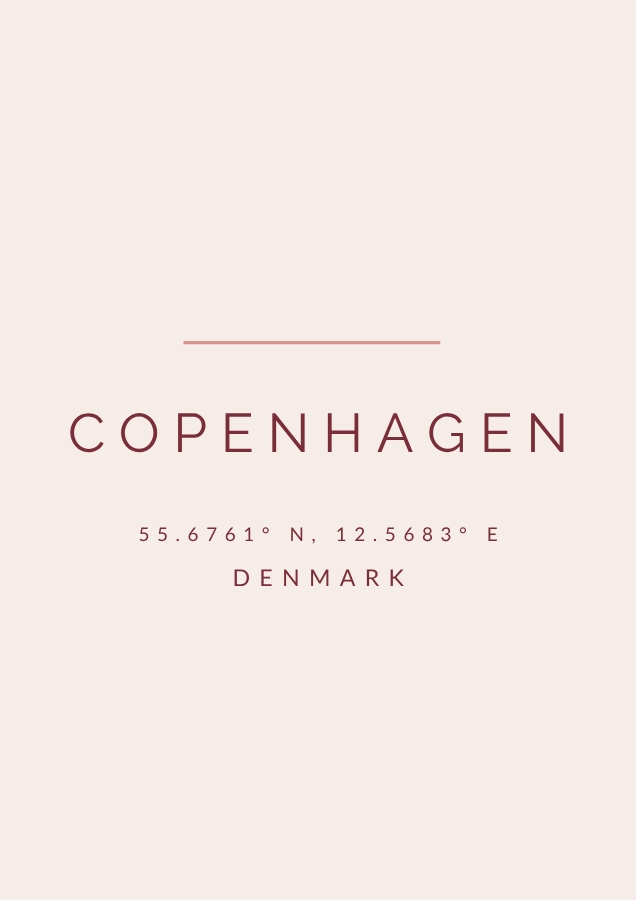 Copenhagen city coordinates poster in burgundy and rose on blush pink