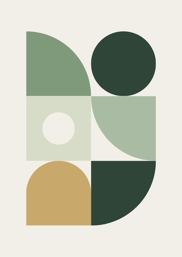 Sage Blocks abstract geometric poster with arches, circles and quarter-rounds in sage green and cream