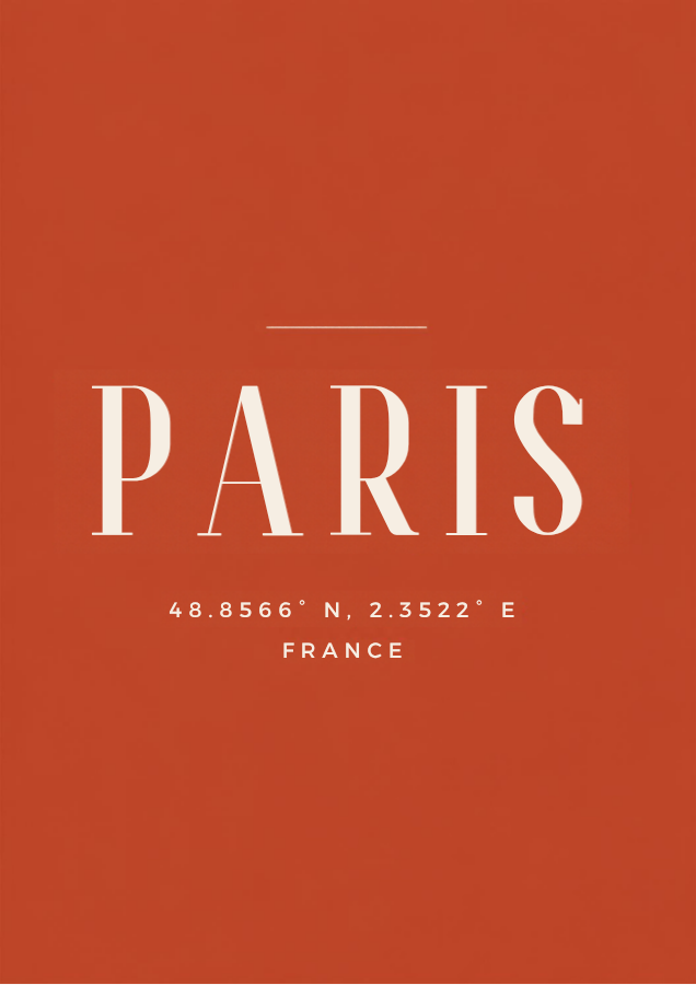 Paris – printable city coordinates poster in cream serif lettering on terracotta