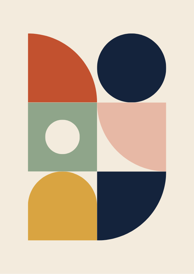 Color Blocks – printable Bauhaus-style geometric poster in terracotta, navy, mustard, sage and blush