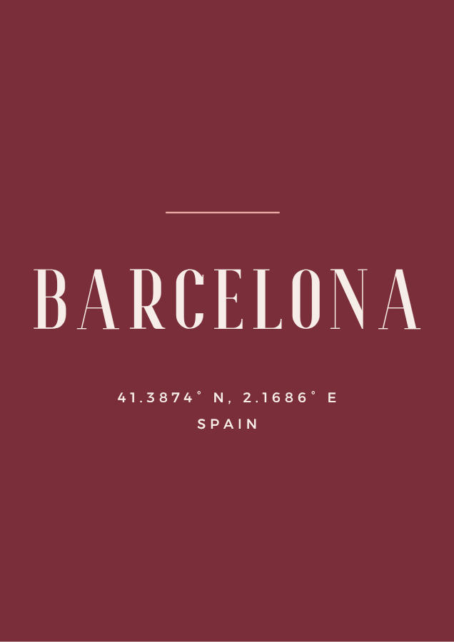 Barcelona city coordinates poster in cream and rose on burgundy