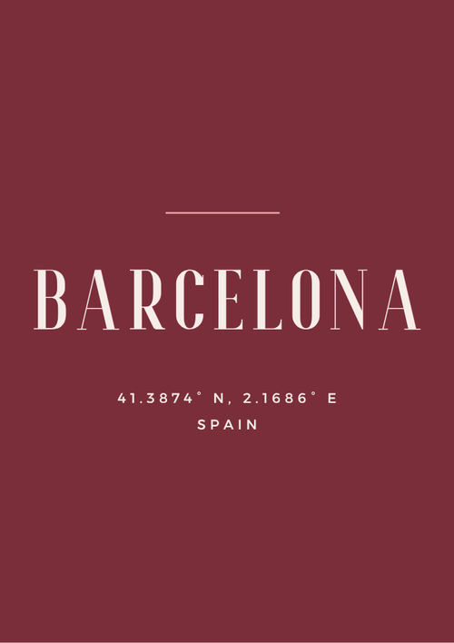 Barcelona city coordinates poster in cream and rose on burgundy
