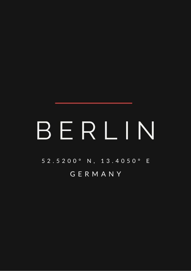 Berlin city coordinates poster in off-white and red on black