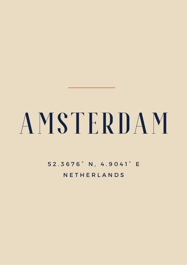 Amsterdam city coordinates poster in navy and terracotta on parchment