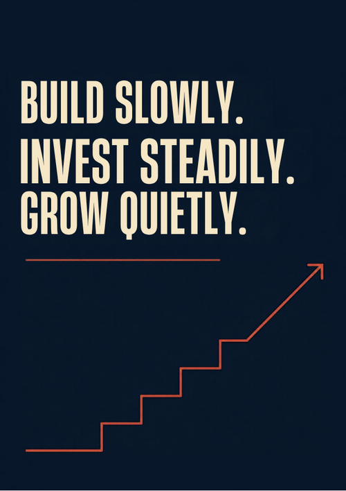 Build Slowly. Invest Steadily. Grow Quietly. – navy typographic investing poster preview with a terracotta stair-step graphic
