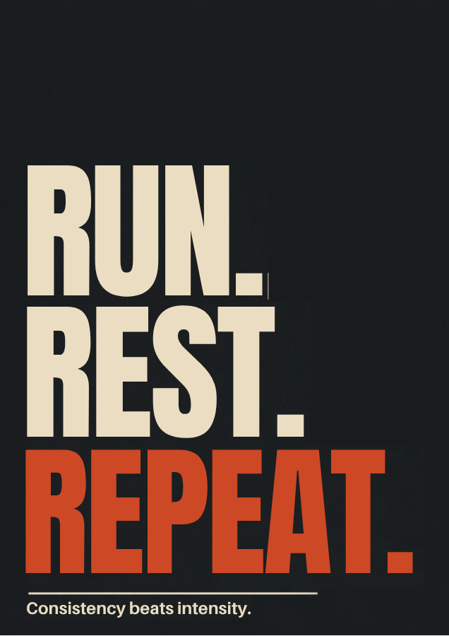 Run. Rest. Repeat. – printable fitness poster in sand and orange-red on charcoal