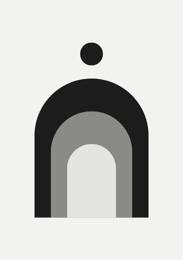 Mono Arches abstract art poster with stacked arches in black, grey and white