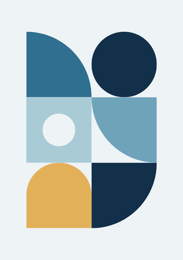 Ocean Blocks abstract geometric poster with arches, circles and quarter-rounds in navy and ocean blue