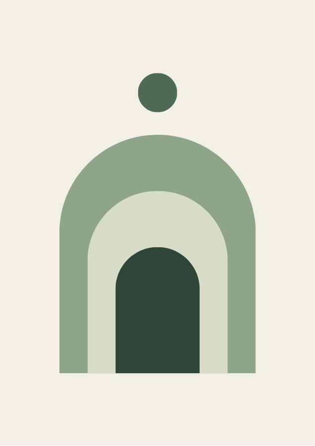 Sage Arches abstract art poster with stacked arches in sage green, cream and forest green