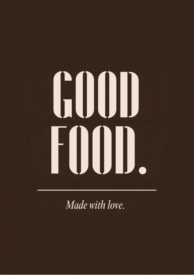 Good Food. Made with love. printable kitchen poster in cream stencil lettering on espresso brown
