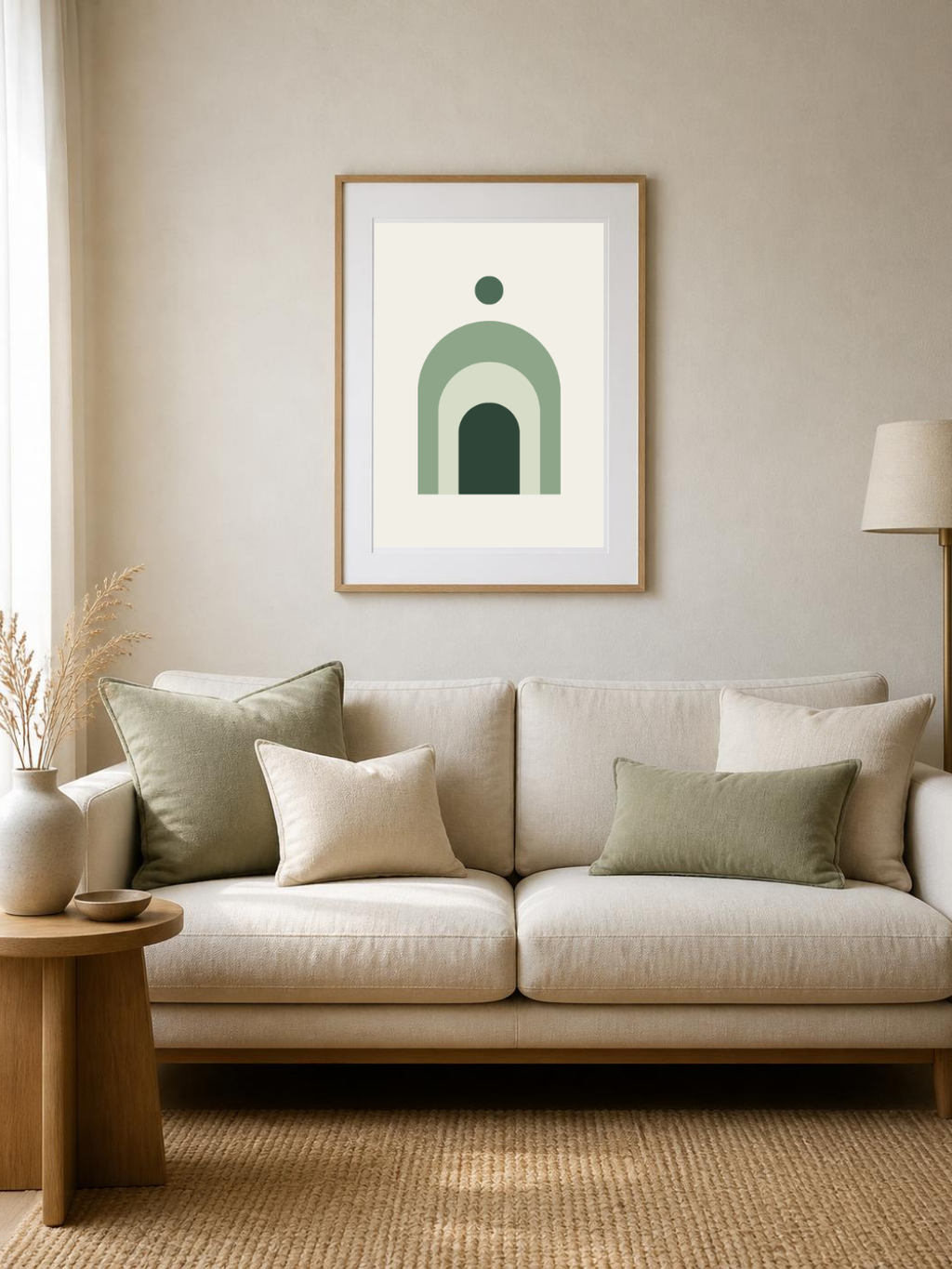 Sage Arches abstract poster in a light frame above a sofa in a bright living room