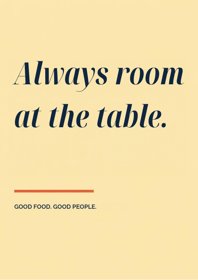 Always room at the table. – printable dining room poster in navy italic serif on butter yellow