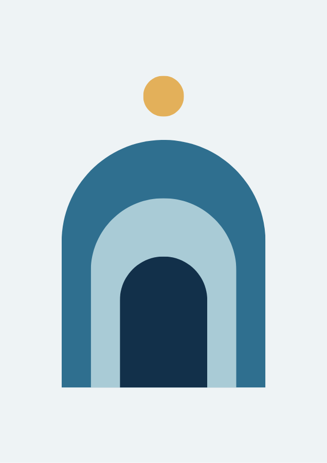 Ocean Arches abstract art poster with navy and ocean blue arches and a golden sun