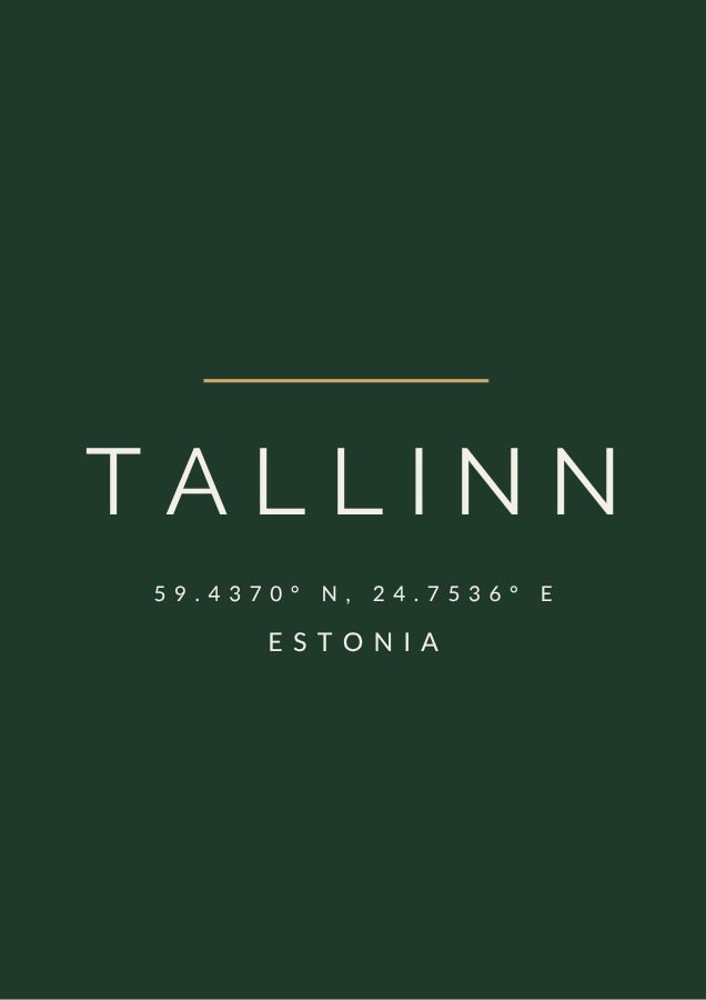 Tallinn city coordinates poster in cream and gold on forest green