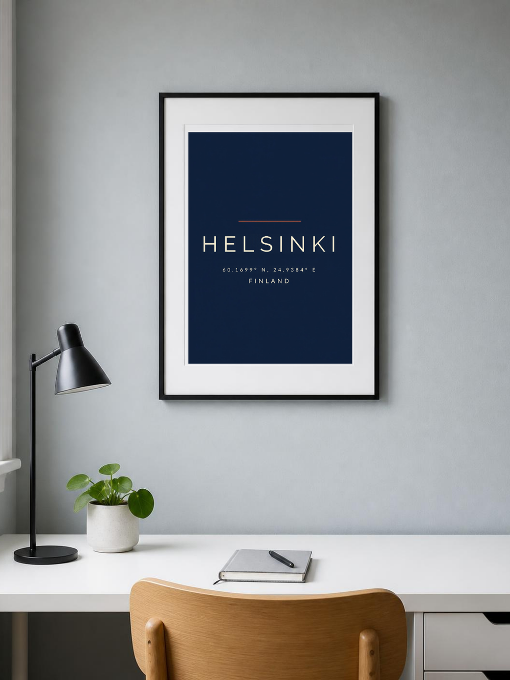 Helsinki city poster in a frame on the wall of a home office