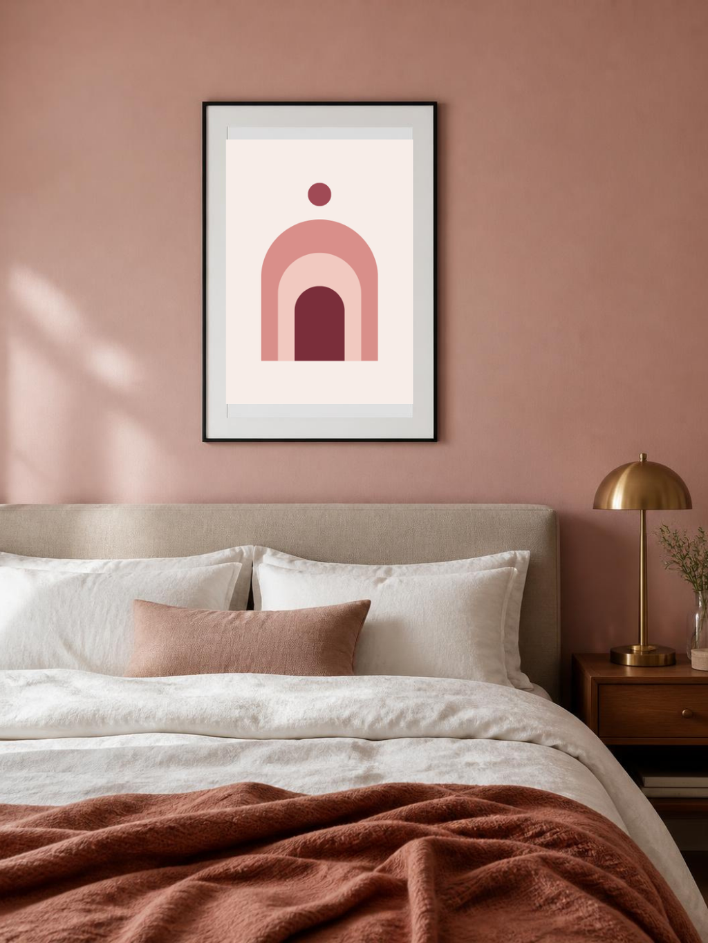 Rosé Arches poster in a frame above a blush bed – room mockup