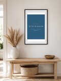 Stockholm poster in a frame above a hallway console – room mockup