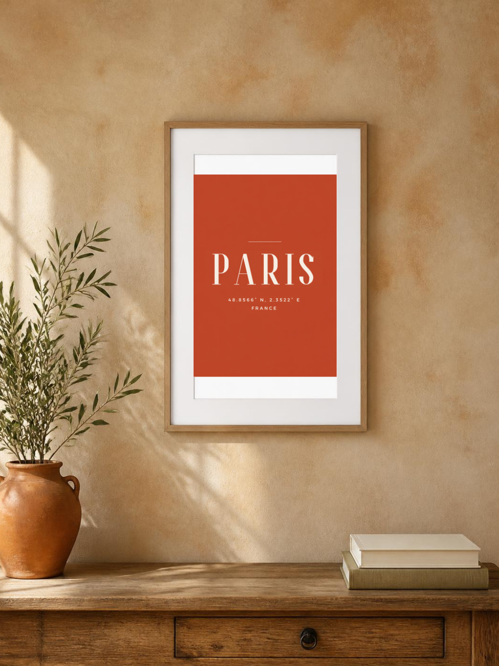 Paris poster in a frame on a warm hallway wall – room mockup