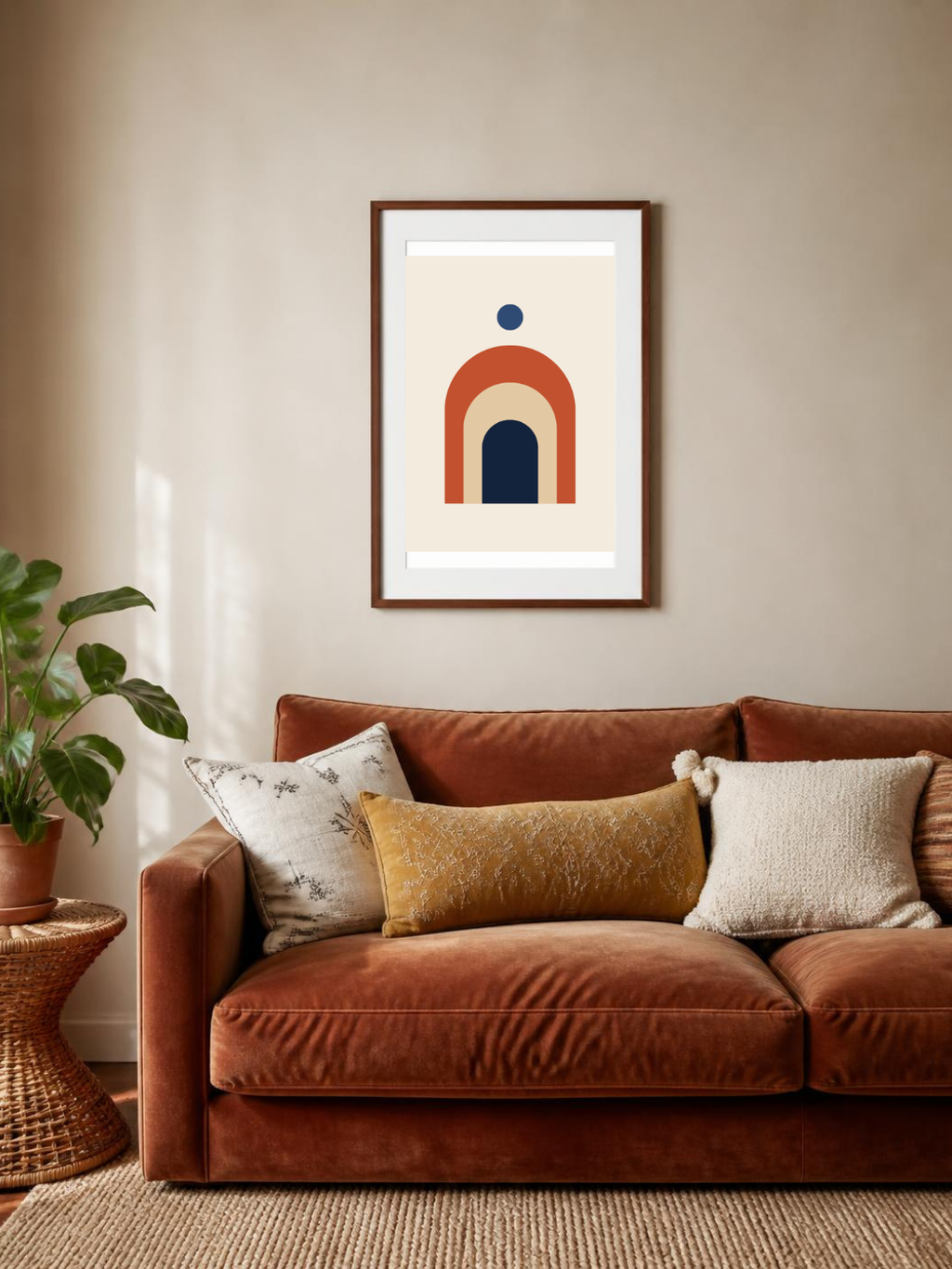 Sunrise Arches poster in a frame above a sofa – room mockup