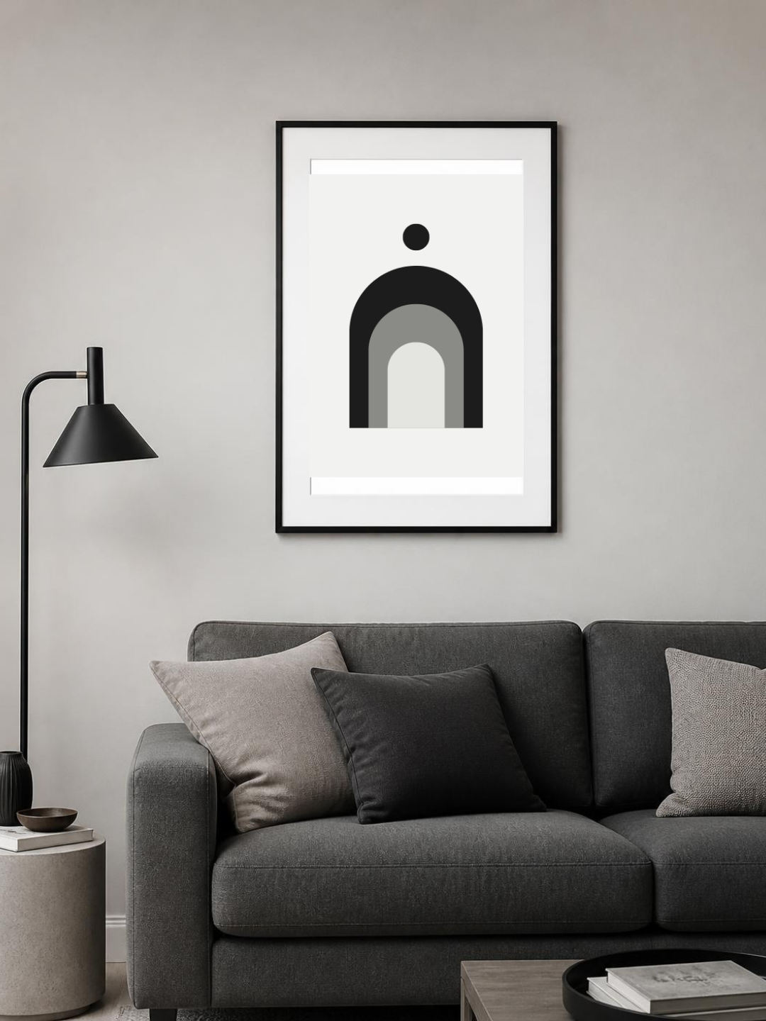 Mono Arches poster in a frame above a grey sofa – room mockup
