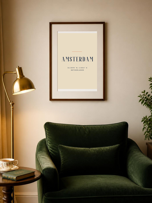 Amsterdam poster in a frame above a reading armchair – room mockup