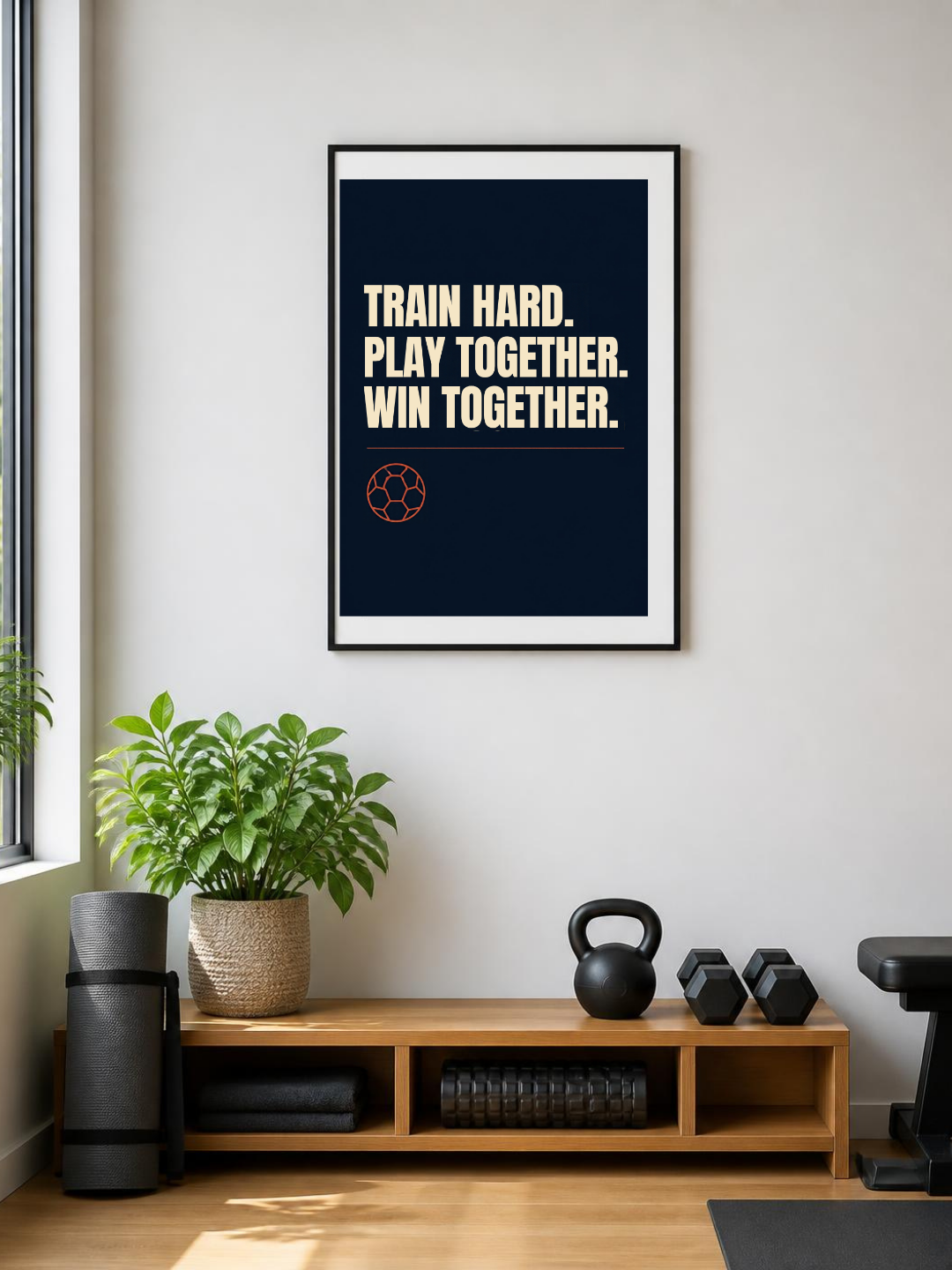 Train Hard poster in a frame in a home gym – room mockup