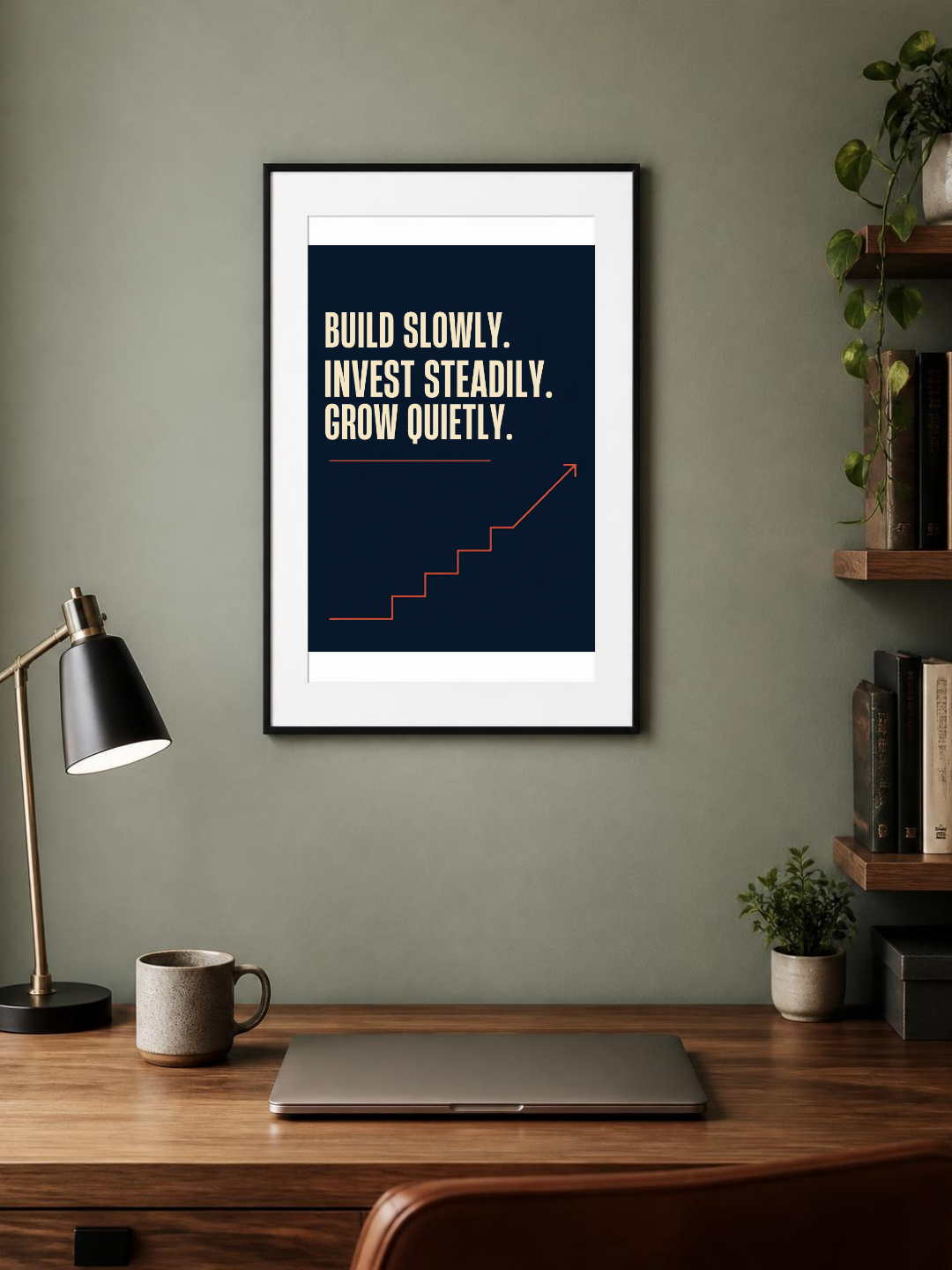 Build Slowly poster in a frame above a home office desk – room mockup