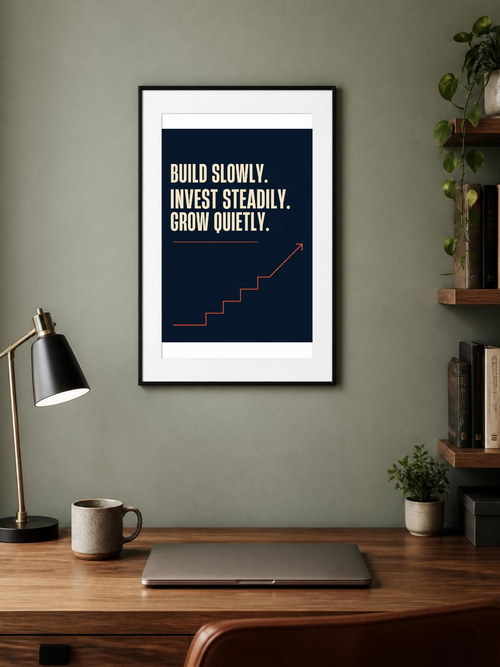 Build Slowly poster in a frame above a home office desk – room mockup
