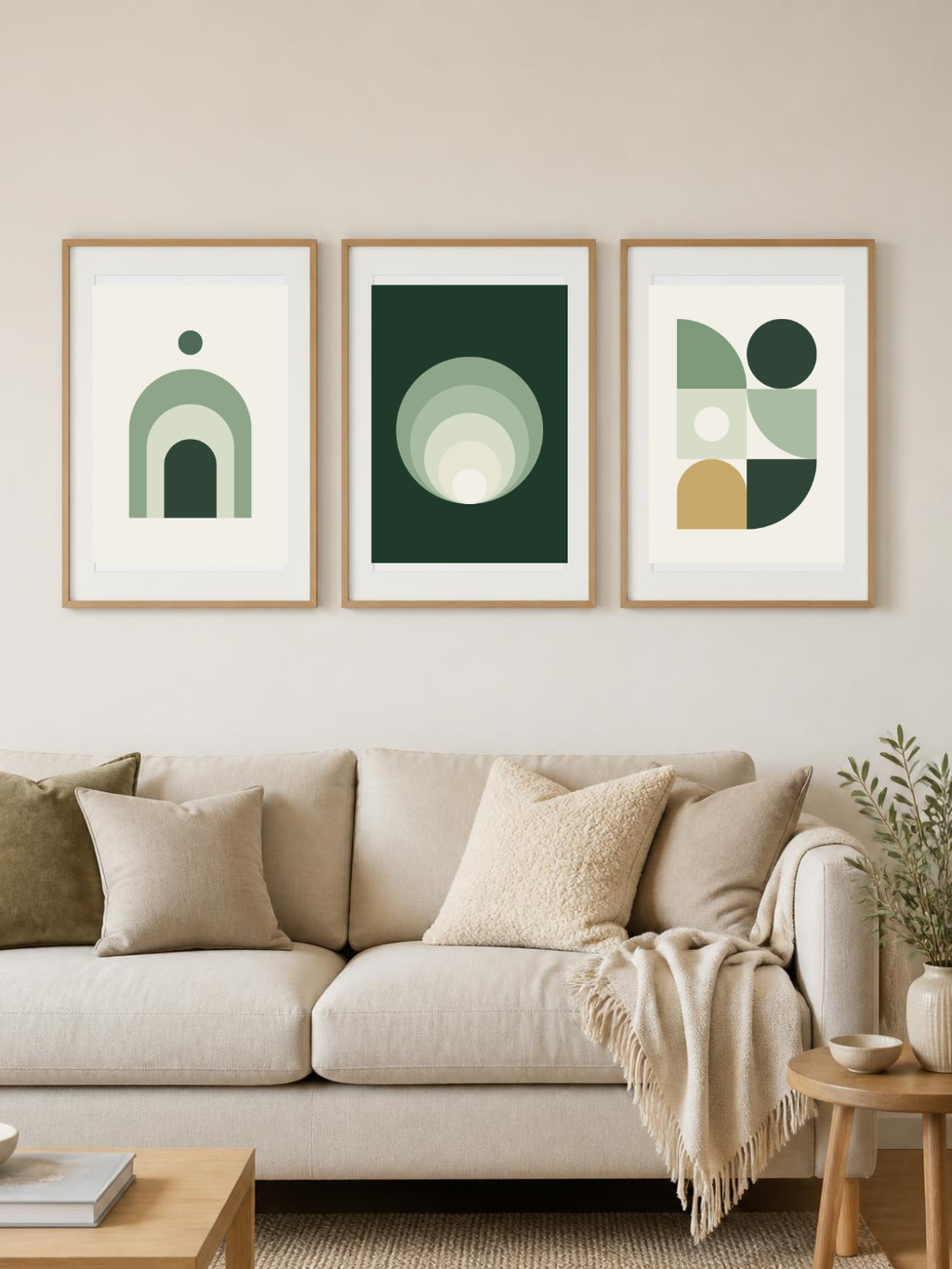 Sage Garden bundle – three framed posters above a sofa, room mockup
