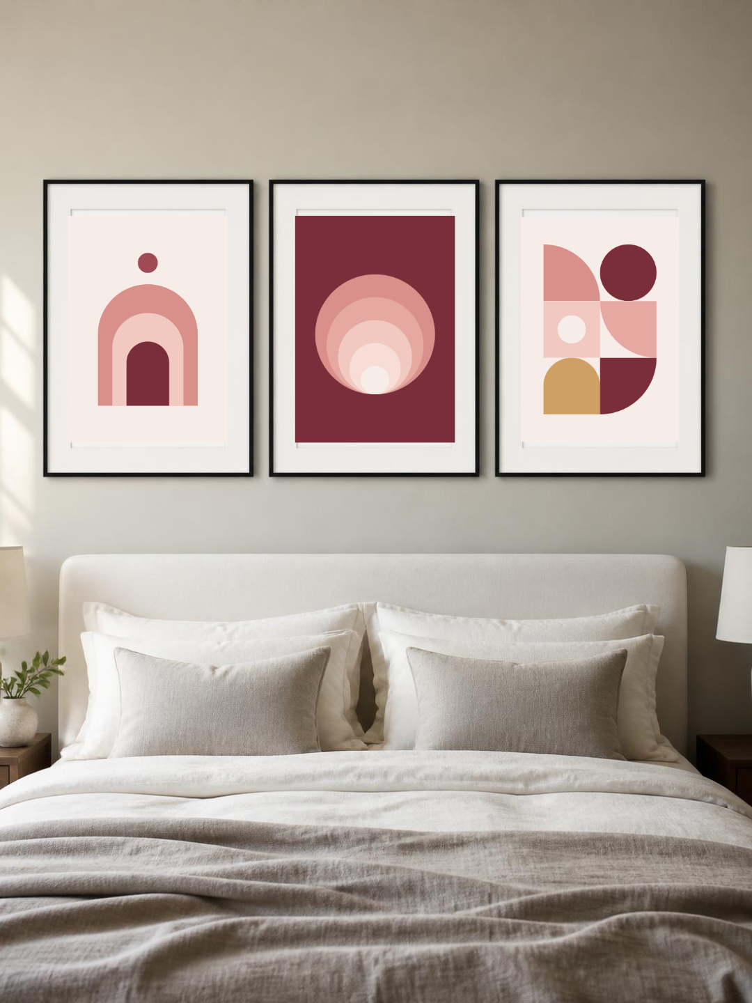 Rosé bundle – three framed posters above a bed, room mockup