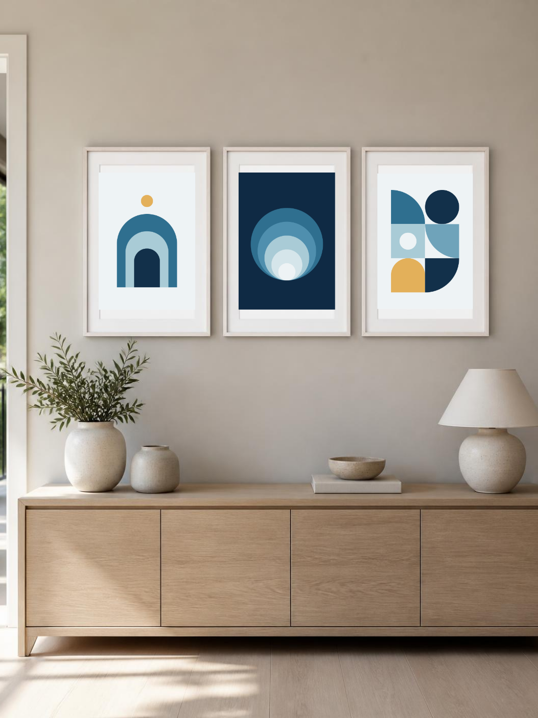 Ocean bundle – three framed posters above a sideboard, room mockup