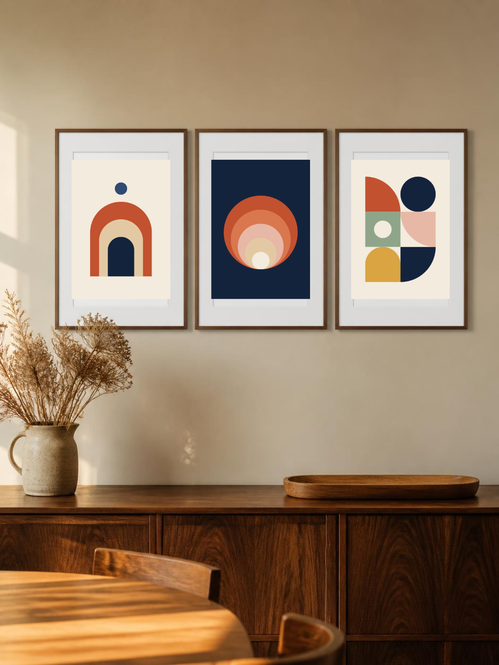 Warm Earth bundle – three framed posters above a wooden sideboard, room mockup