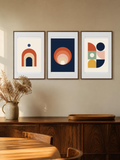 Warm Earth bundle – three framed posters above a wooden sideboard, room mockup