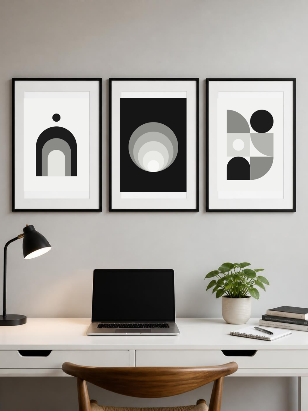 Mono bundle – three framed posters above a desk, room mockup