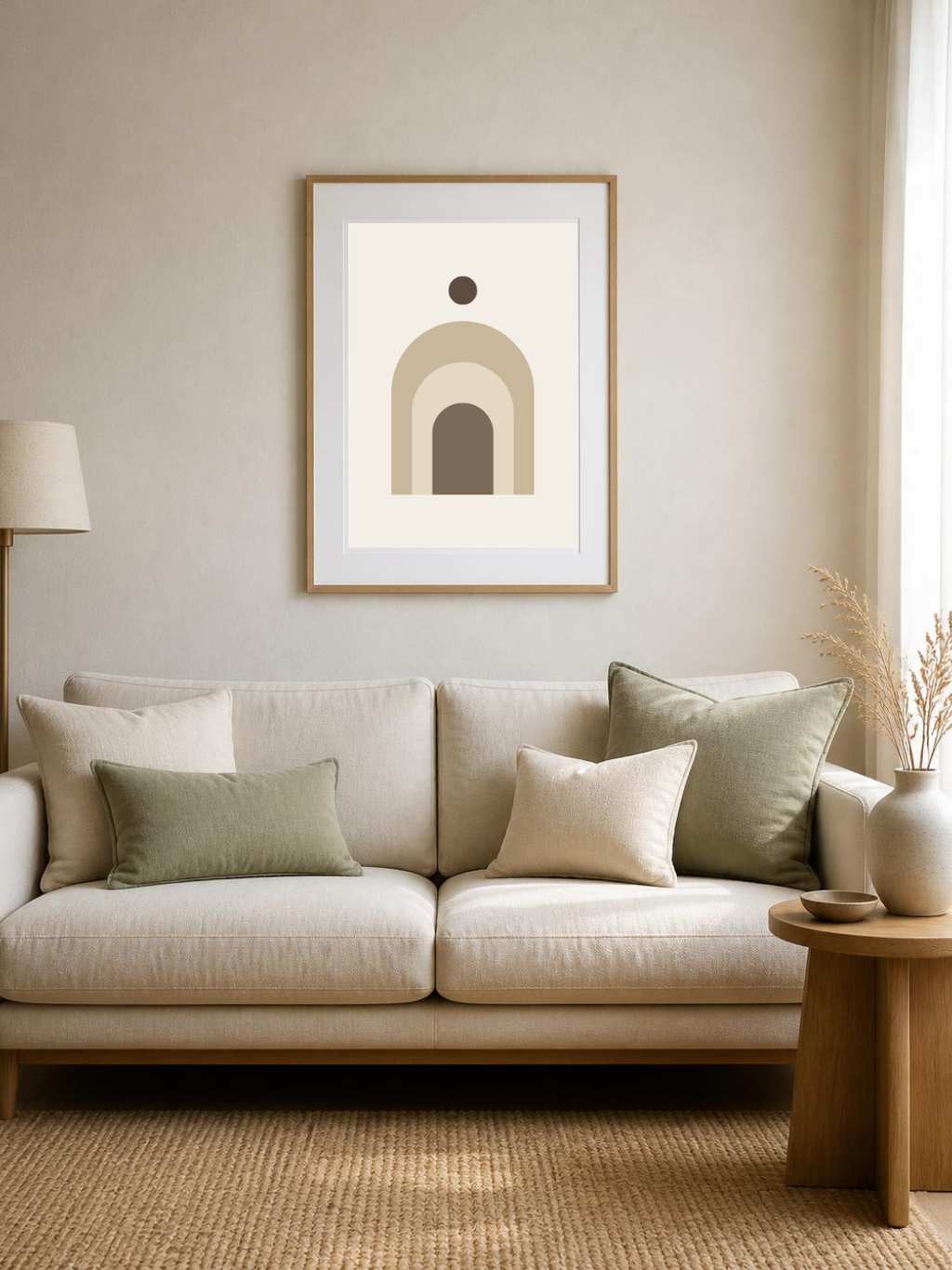 Sand Arches poster in a frame above a cream sofa – room mockup