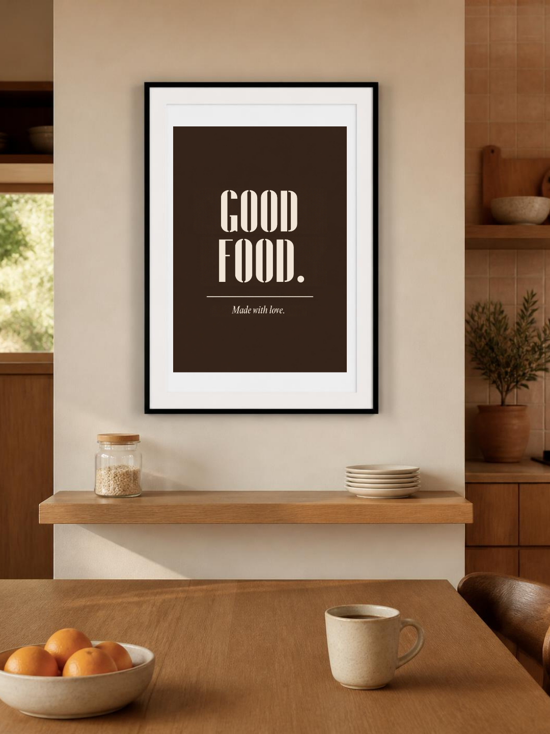 Good Food poster in a frame in a kitchen – room mockup
