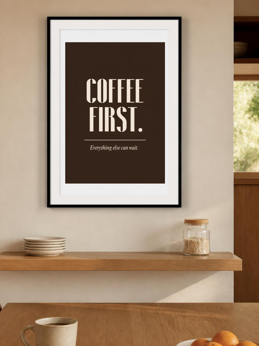 Coffee First poster in a frame in a kitchen – room mockup
