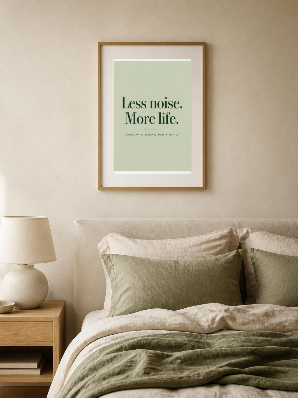 Less Noise poster in a frame above a bed – room mockup