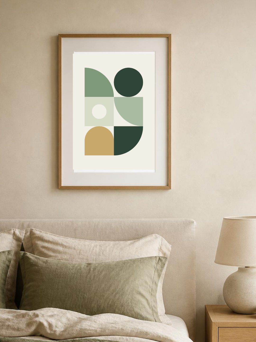 Sage Blocks poster in a frame above a bed – room mockup