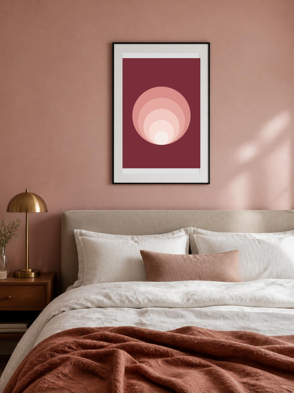 Rosé Rings poster in a frame above a blush bed – room mockup
