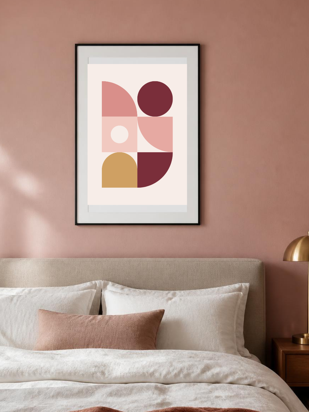 Rosé Blocks poster in a frame above a blush bed – room mockup