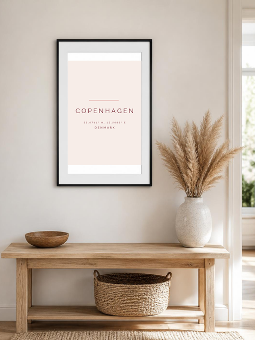 Copenhagen poster in a frame above a hallway console – room mockup