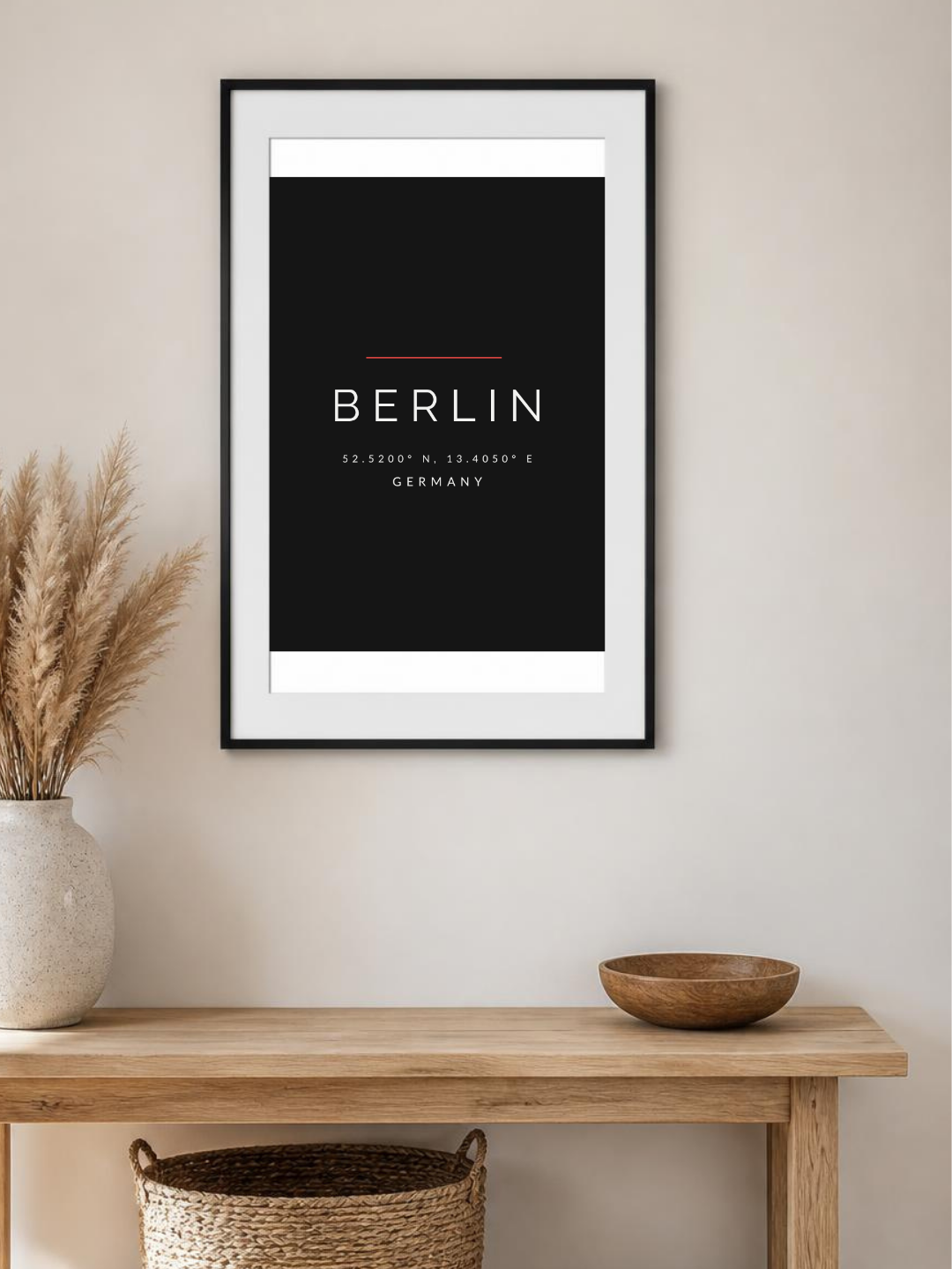 Berlin poster in a frame above a hallway console – room mockup