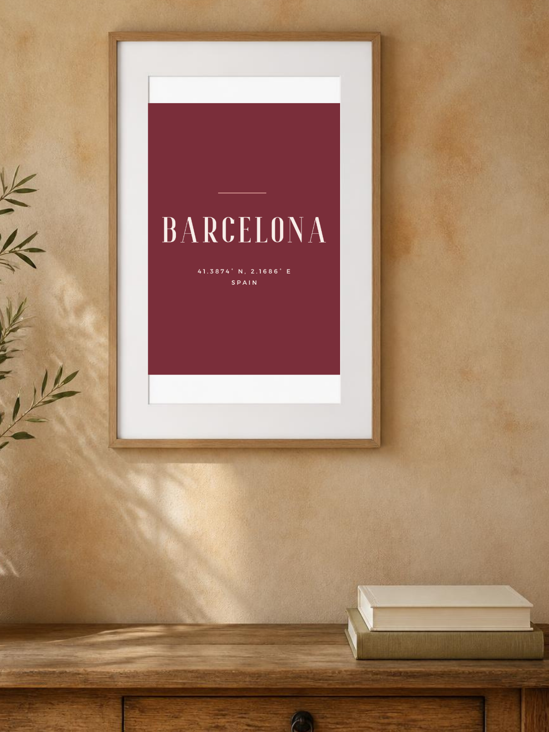 Barcelona poster in a frame on a warm hallway wall – room mockup