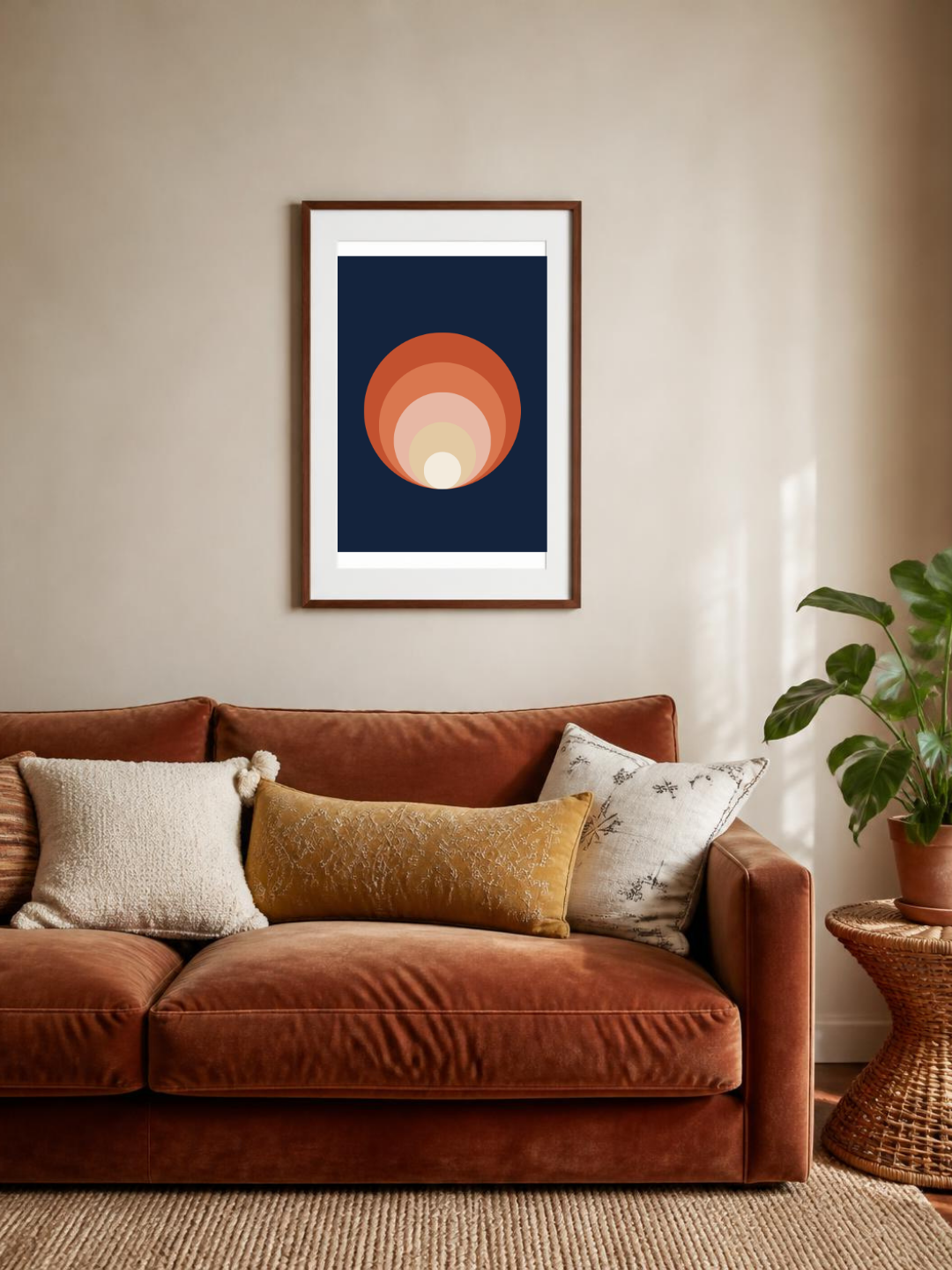 Sunset Rings poster in a frame above a terracotta sofa – room mockup
