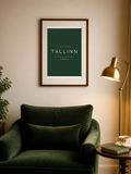 Tallinn poster in a frame above a reading armchair – room mockup