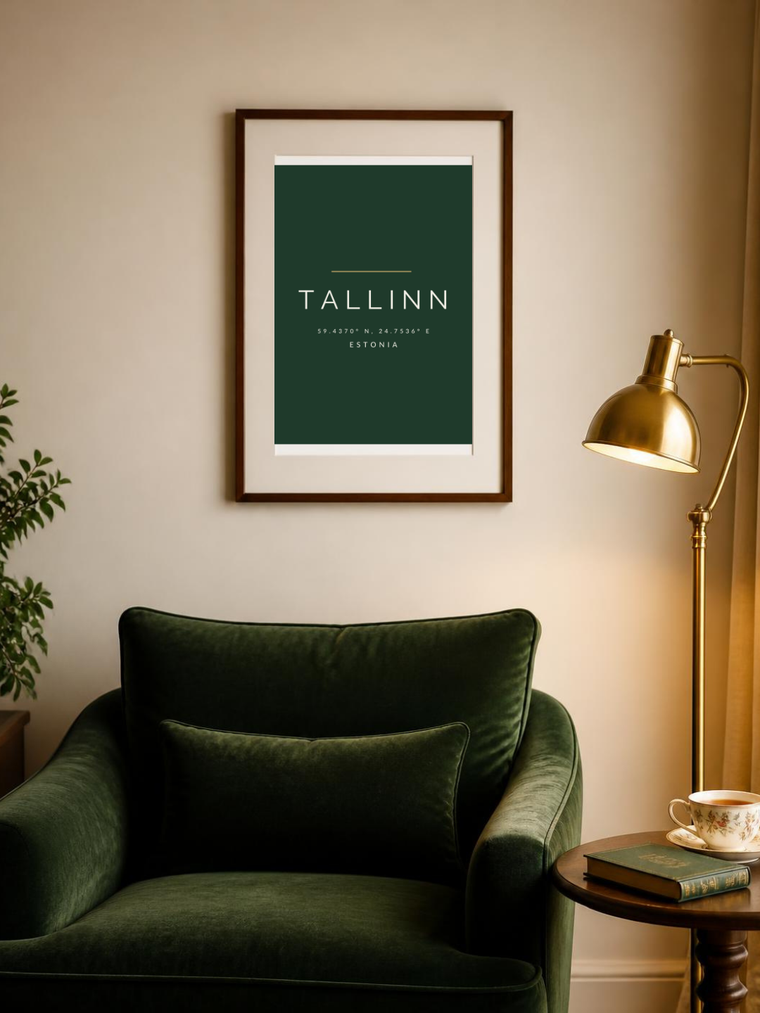 Tallinn poster in a frame above a reading armchair – room mockup