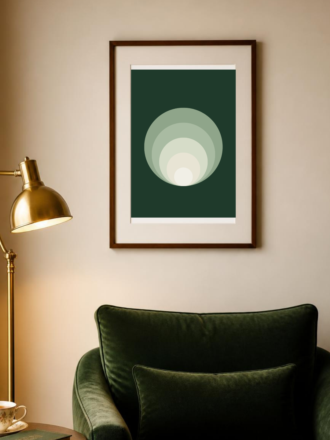 Forest Rings poster in a frame above a reading armchair – room mockup