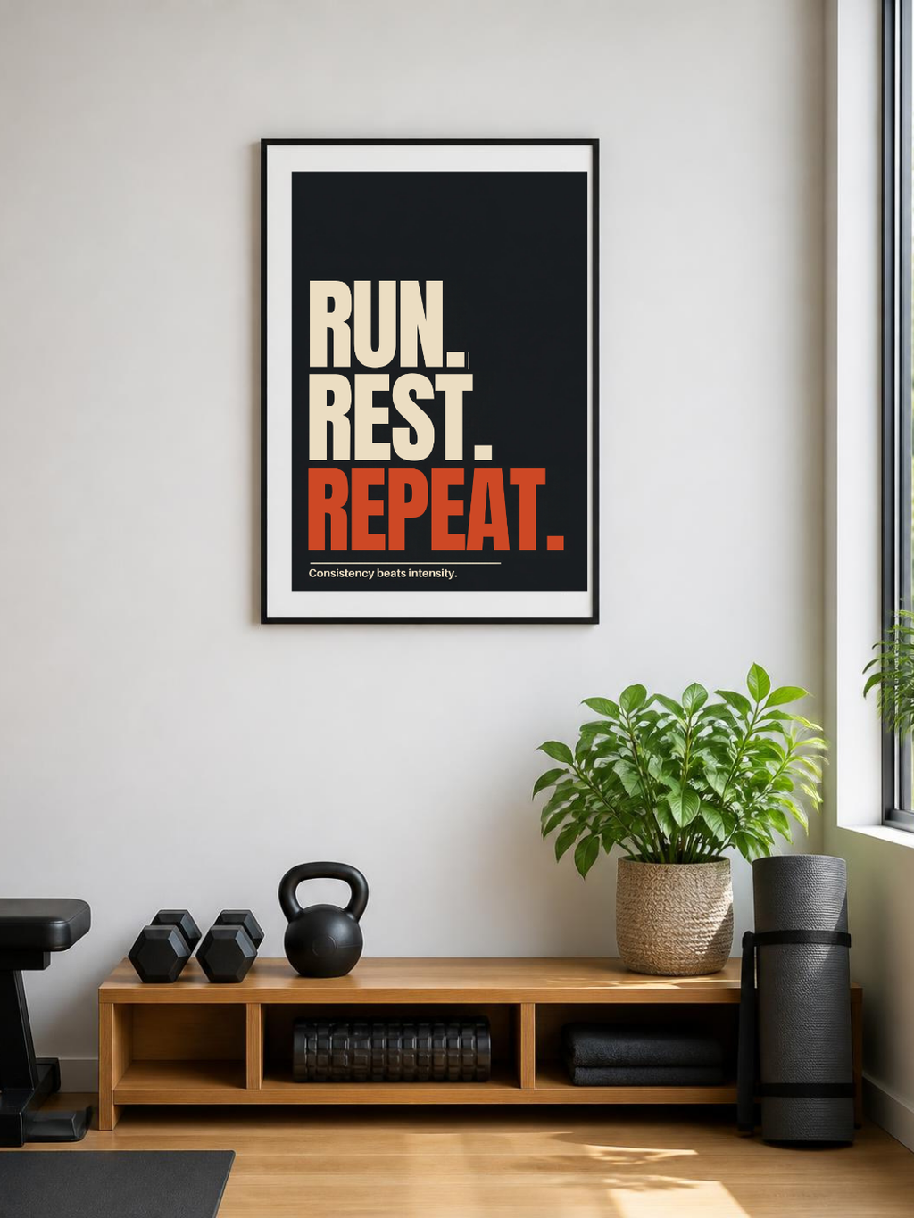 Run. Rest. Repeat. poster in a frame in a home gym – room mockup